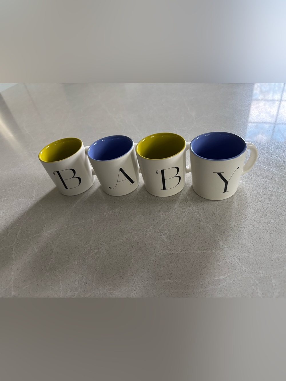 Indigo Set of 4 White Mugs with 'BABY' Letters Colorful Interiors Espresso Cups